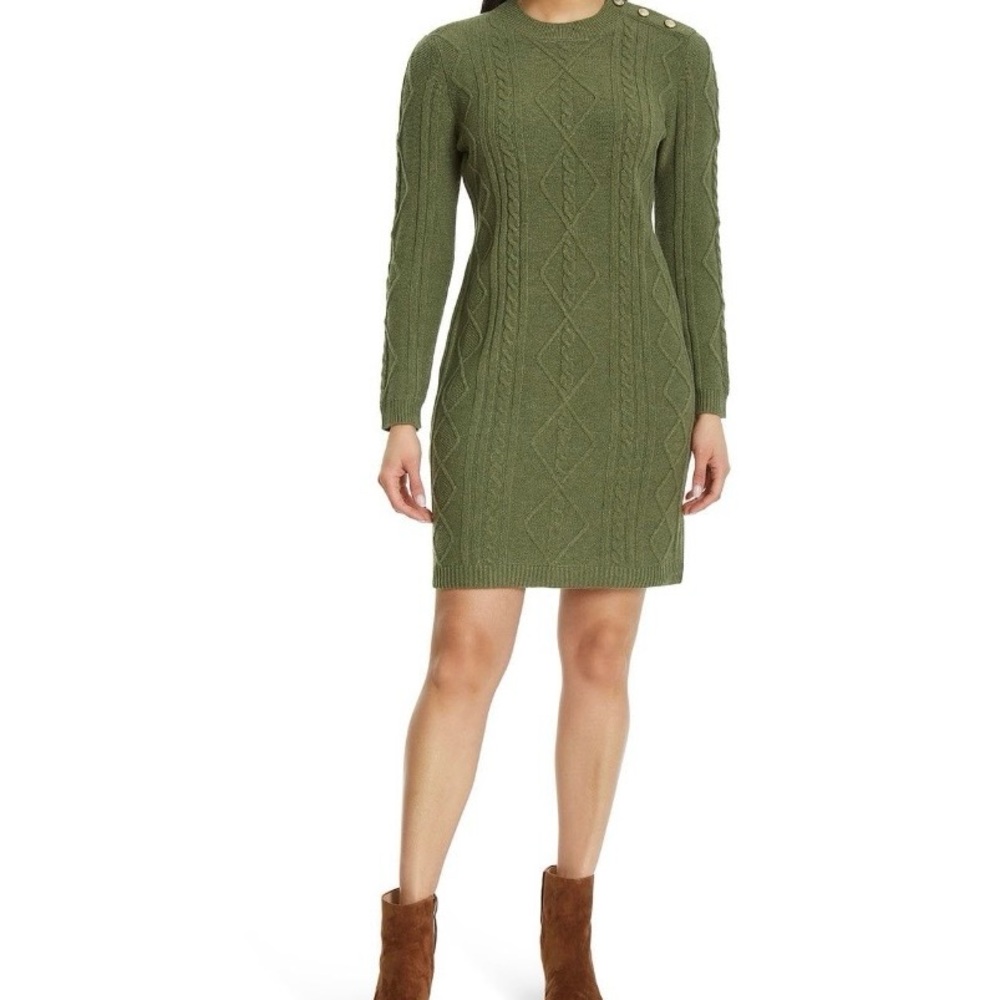 Nine West Olive Green Cable Knit Mini Dress with Shoulder Buttons NEW IN PACKAGE